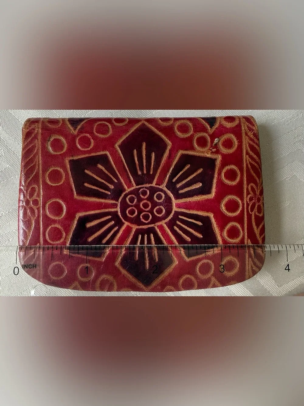 Handcrafted Red and Brown Leather Heart Coin Purse Tooled